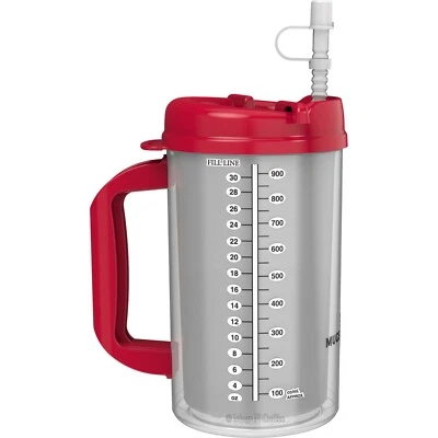 MUGS N COFFEE 32 oz Red Double Wall Insulated Hospital Mugs - Swivel Lid Design - BPA Free