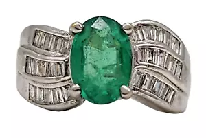 VINTAGE Solid 18k White Gold / Emerald / Diamonds Ladies Ring Amazing - Picture 1 of 7