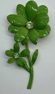 Green Enamel Metal Daisy Pin Brooch Mod Vintage With Rhinestones Stemmed - Picture 1 of 7