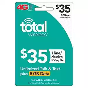Total Wireless $35/Month Refill Pin,Unlimited Talk, Text, and 5 GB Data 4G LTE! - Picture 1 of 1