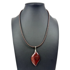 Carnelian Red Agate Necklace Polished Stone Pendant Leather Cord 925Silver Clasp - Picture 1 of 8