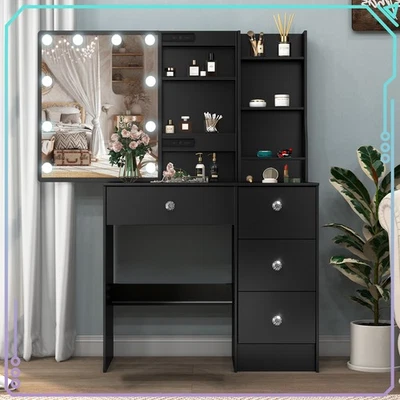 Tocador de dormitorio escritorio de maquillaje con espejo iluminado LED y tocador de 4 cajones Foto 1 de 4