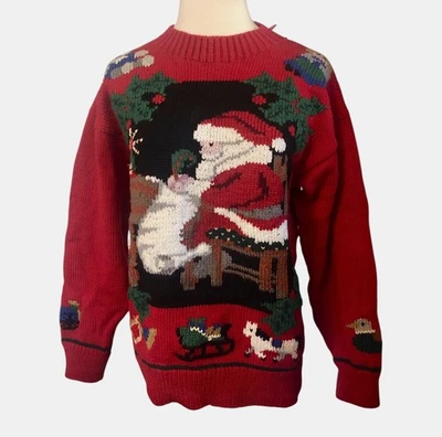 Suéter de Navidad de Papá Noel de Lana Sur de Colección Años 90 Pequeño Rojo Tejido a Mano Pullover Foto 1 de 4