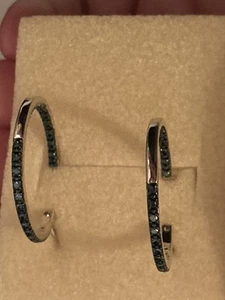 0.25CTW Blue/White Diamonds Inside/ Outside Rhodium Over SS Hoop Earrings - Picture 1 of 10