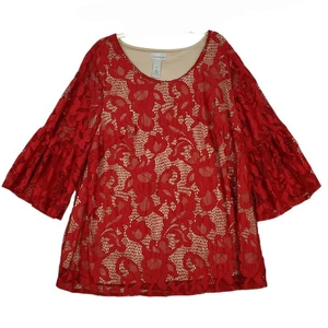 Catherine’s Top Womens 1X Red Pullover Lace Scoop Neck Lined Bell Sleeve Casual  - Picture 1 of 14