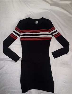 H&M Divided Sweater Dress Womens Size 12 Black/ Red/ White Stripes Long Sleeve - Image 1 of 4