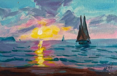 亚克力绘画 海日落 船上 M. Patskan 无框 原版 nAAA4809 — 第 1/4 张图片