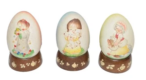 Vtg Lot Of 3 ANRI Italy Hand Wood Carved Eggs 1970's  80's Animals Children - Picture 1 of 9
