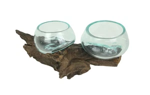 Molten Glass On Coffee Wood Root Double Decorative Bowl Vase Plant Terrarium - Picture 1 of 4