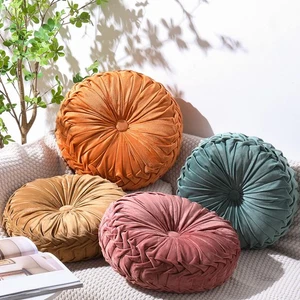 Set di 4 Cuscini Decorativi Rotondi Pieghettati da Lancio, Elegante Velluto Zucca Rotondo... - Foto 1 di 6
