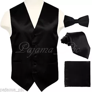 BLACK Solid Vest Waistcoat and Straight Cut Bow Tie & Neck tie & Hanky Wedding - Picture 1 of 4