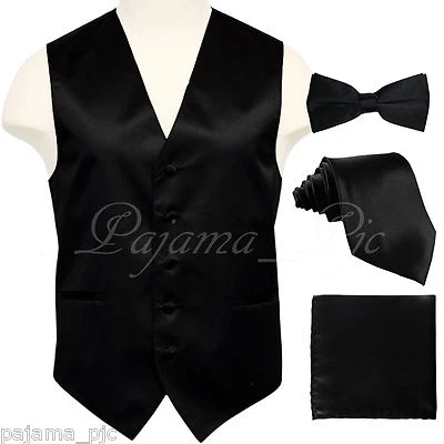 BLACK Solid Vest Waistcoat and Straight Cut Bow Tie & Neck tie & Hanky Wedding - Image 1 of 4