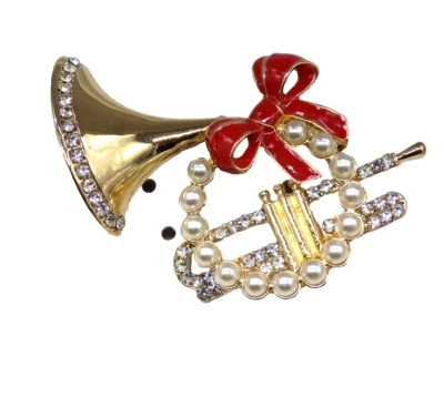 Broche prendedor de Navidad Charter Club cuerno francés arco tono dorado perlas de imitación cristales Foto 1 de 4