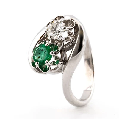 Ring Cocktail 585/14K Weißgold Smaragd Diamant Brillant Größe 56 TOP  - Bild 1 von 2