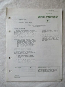 John Deere 8850 Tractor Engine Valve Clear Adjustment Service Bulletin Brochure - Picture 1 of 4