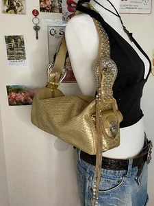 Y2K Gold Crocodile Skin Shoulder Bag with Silver rhinestone bb belt strap - Picture 1 of 7