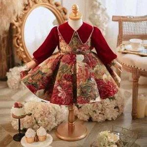 Girl Red Long Sleeve Flower Dress Velvet Print Baby Costume Princess Dress Skirt - Picture 1 of 20