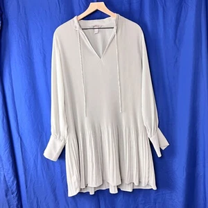 H&M Pleated Boho Dress in Taupe Sz M Womens Long Sleeve Lined Semi Sheer A-Line - Picture 1 of 18
