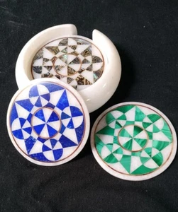 Marble Coaster Set With 6 Coaster Plates Handmade Multi Stone Mosaic Art Decor - Picture 1 of 5