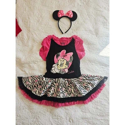 Disney Zebra Print & Pink Ruffles Minnie Mouse Dress & Ears Set Size 6 Girls - Image 1 of 4