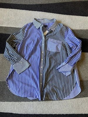 Talbots Plus 2X Blue/Gray Color Blocked Striped Button Down Long Sleeve NWT - Image 1 of 4