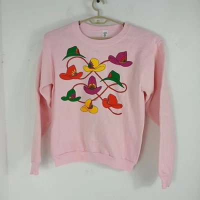 De Colección Años 80 90 Talla L Sombreros de Vaquera Gráfico Rosa Pullover Cuello Redondo Sudadera Hecha en EE. UU. Foto 1 de 4