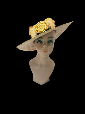 Vintage Wide Brim Straw Sun Hat Yellow Woven Ribbon Flower Accent Garden Party - Image 1 of 4