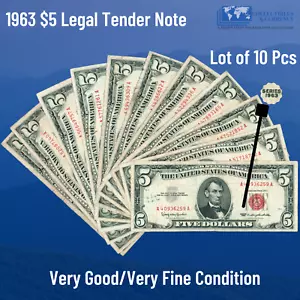 Lot of (10) 1963 Red Seal $5 Legal Tender Notes, VG/VF, Old US FIVE Dollars Bill - Picture 1 of 2