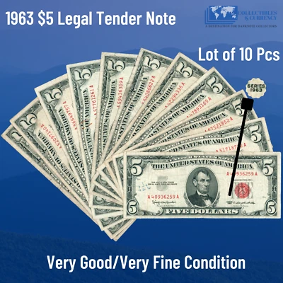 Lot of (10) 1963 Red Seal $5 Legal Tender Notes, VG/VF, Old US FIVE Dollars Bill - Image 1 of 2