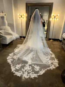 Lace Wedding Veil Ivory Floral Appliques Elegant Bridal Accessories for Bride - Picture 1 of 6