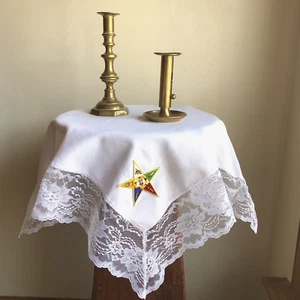 Vintage Square Small Tablecloth, White Lace Edge 26" Order of the Eastern Star - Picture 1 of 8