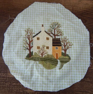 Homemade Embroidered Picture on Fabric PLAID HOUSE Ready for Hoop 9" Cottagecore - Picture 1 of 3