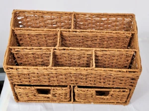 Vintage geflochtenes Rattan Tischplatte Schreibtisch Post Brief Schreibwaren Ablage Schubladen - Bild 1 von 11