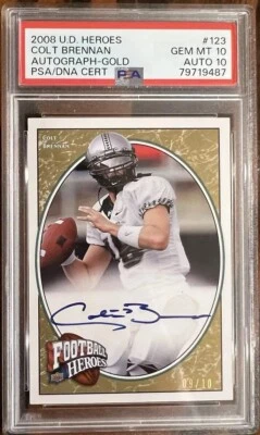 2008 Colt Brennan Upper Deck Heroes #123 Rookie Gold Auto /10 Hawaii Gem Mint 10 - Image 1 of 2