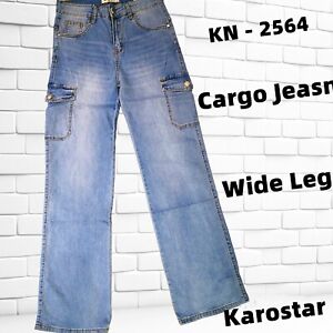 KAROSTAR Damen Cargo Jeans Hose Denim Wide Leg hell Blau 38 40 42 44 46 48 NEU