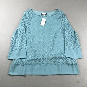 Charter Club Top Womens Medium Blue Lace Floral Lined 3/4 Sleeves Blouse NWT - Picture 1 of 10