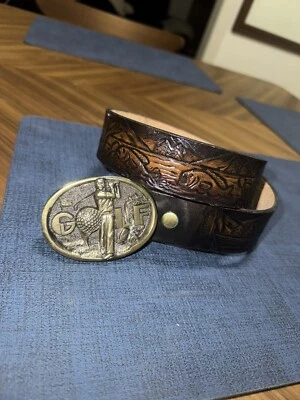 Cinturón de cuero de pesca vintage de latón para golf - Great American Buckle Co 1983 nuevo en stock Foto 1 de 4