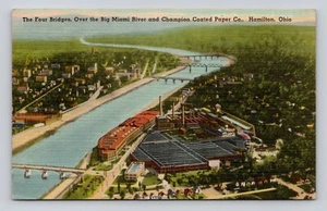 Postcard Four Bridges Over Miami River & Champion Coated Paper Co Hamilton OH - Picture 1 of 2