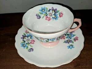 Rosina Blue & Pink Floral Blue Footed Cup & Saucer Bone China England - Picture 1 of 7