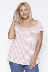 Pink White OFF SHOULDER Shirt Top SIZE 2X Womens Plus SHORT SLEEVES Gingham - Picture 1 of 5
