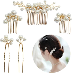 5PCS Wedding/Pearl Hair Comb Bridal Hair Accessories for Brides Gold Pearl Hair - Picture 1 of 7