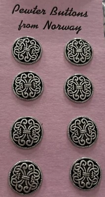 Vintage  Pewter Buttons 8 Gorgeous, Norwegian SAGA Design! Shiny! 13/16” - Image 1 of 3