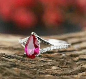 Hübscher Ehering 2,25 kt Birnenschliff simulierter rosa Rubin in 14 Karat Weißgold vergoldet - Bild 1 von 5
