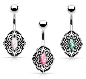 New Surgical Steel Imitation Opal Glitter Centre Vintage Belly Bar Barbell - Picture 1 of 4