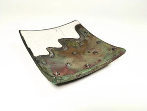 Japanisches Steinzeug geschwungen quadratischer Tellerständer Studio Kunstkeramik signiert 7"x7" - Bild 1 von 12