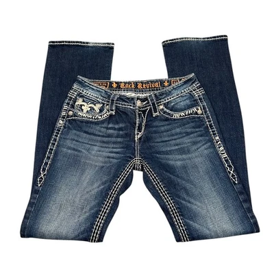 Jeans Rock Revival Jenna Boot B3 feminino bordado lavagem média tamanho 27X31 - Imagem 1 de 4