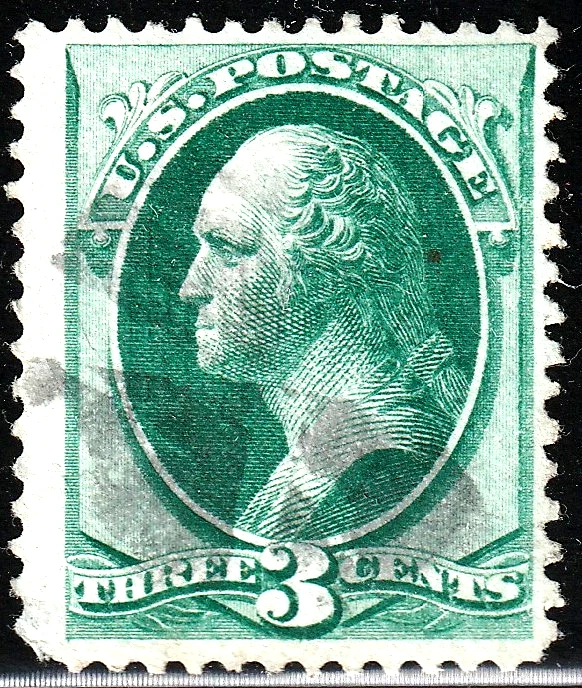 #136 US 3 CENT GREEN WASHINGTON-USED-N/G-W/GRILL-FINE-VF - Image 1 of 1