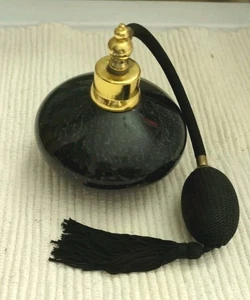 Art Glass Perfume Bottle Atomizer Black with Silver Accents Woman's Vanity - Imagen 1 de 9