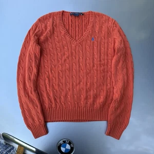 Vintage 90s Ralph Lauren Sport Orange Cable Knit V Neck Sweater Size XL - Picture 1 of 7