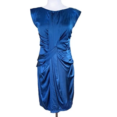 Vestido Vaina Suzi Chin Maggy Boutique Azul Seda Talla 4 Drapeado Manga Gorra Cóctel Foto 1 de 4